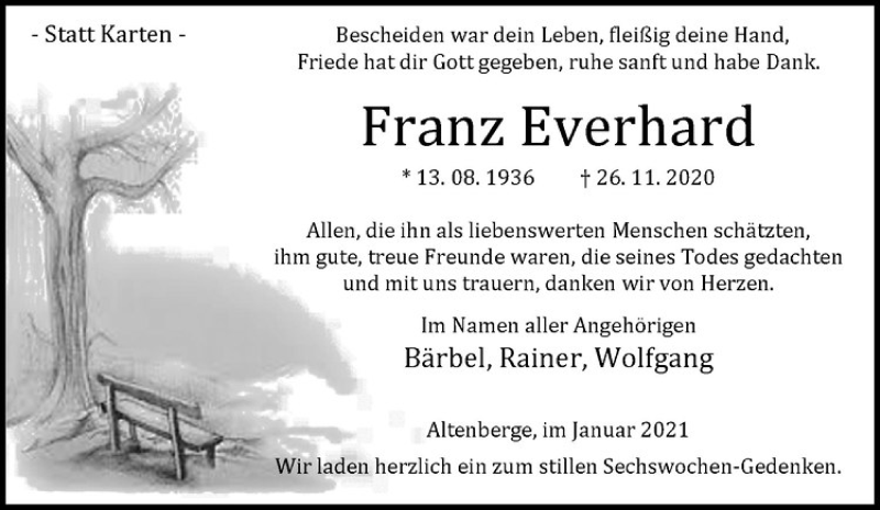  Traueranzeige für Franz Everhard vom 09.01.2021 aus Westfälische Nachrichten