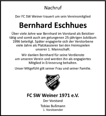 Anzeige von Bernhard Eschhues von Westfälische Nachrichten