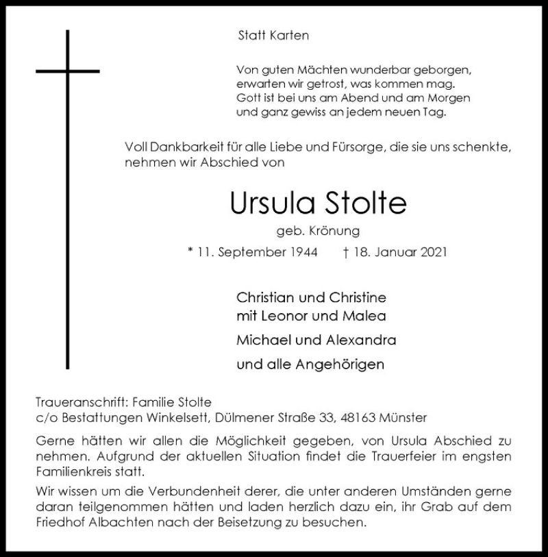  Traueranzeige für Ursula Stolte vom 23.01.2021 aus Westfälische Nachrichten