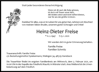 Anzeige von Heinz-Dieter Freise von Westfälische Nachrichten