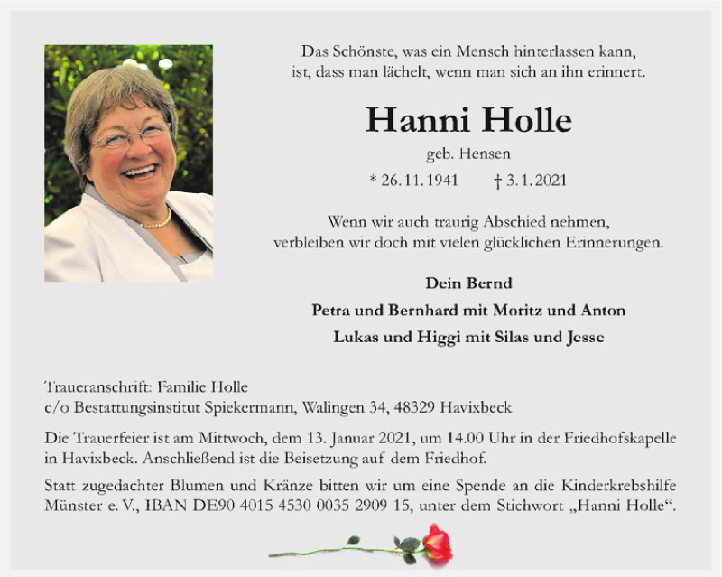  Traueranzeige für Hanni Holle vom 09.01.2021 aus Westfälische Nachrichten