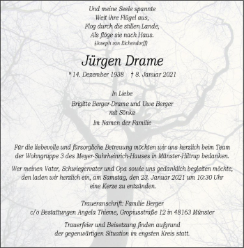 Anzeige von Jürgen Drame von Westfälische Nachrichten