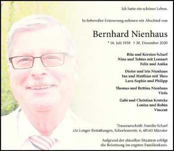 Anzeige von Bernhard Nienhaus von Westfälische Nachrichten