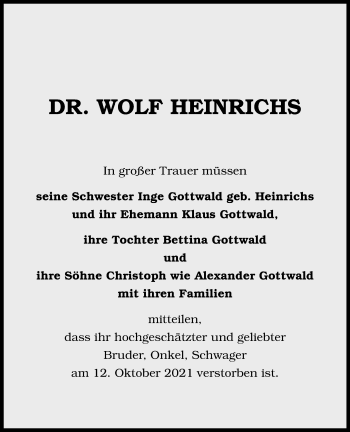 Anzeige von Wolf Heinrichs 