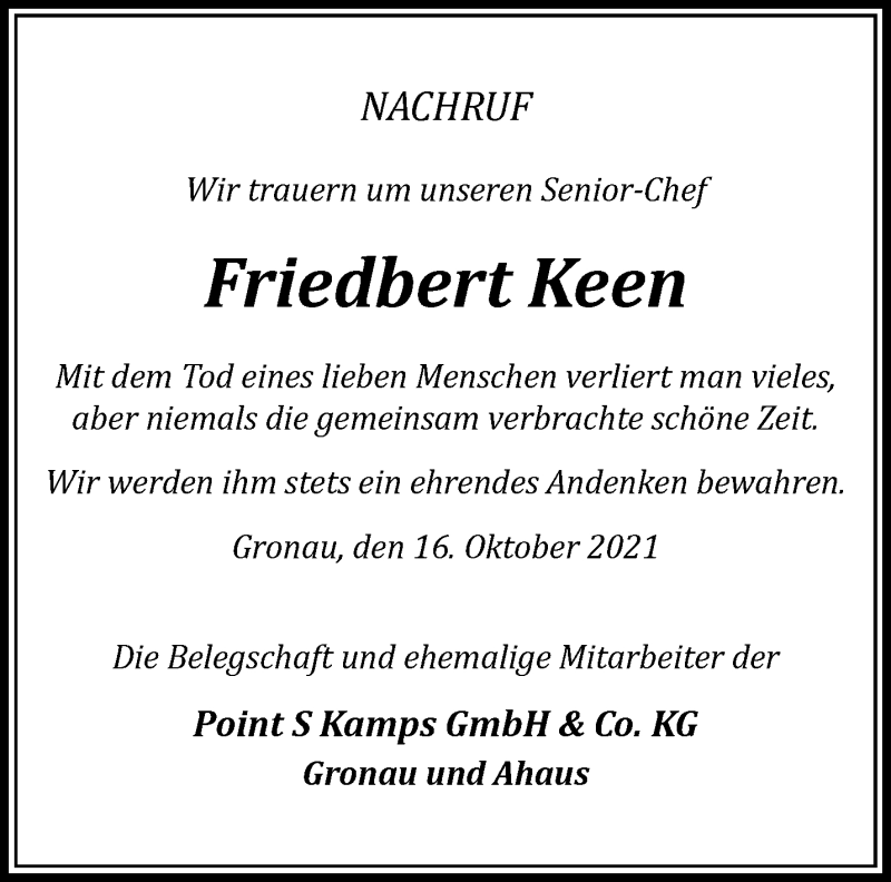  Traueranzeige für Friedbert Keen vom 23.10.2021 aus 