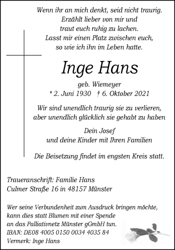 Anzeige von Inge Hans 