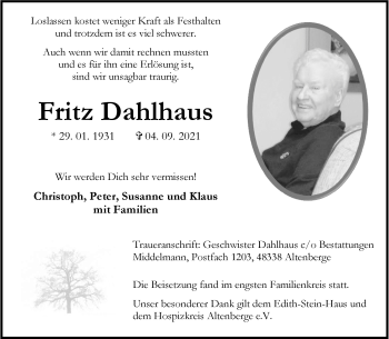 Anzeige von Fritz Dahlhaus 