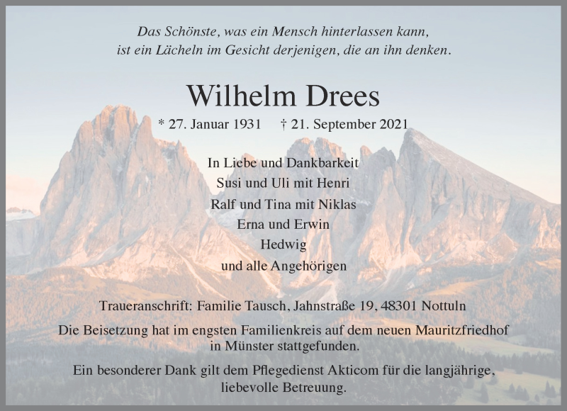  Traueranzeige für Wilhelm Drees vom 16.10.2021 aus 