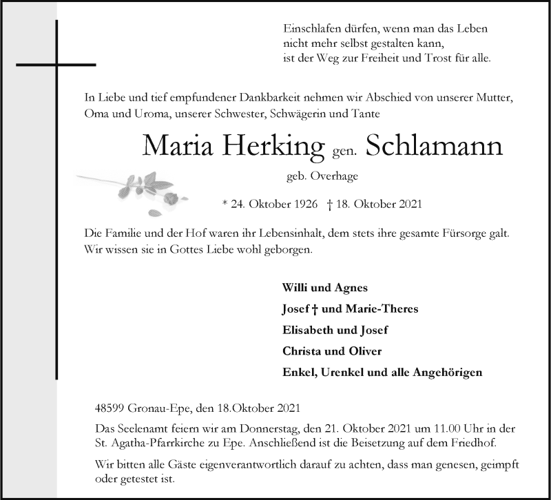  Traueranzeige für Maria Herking vom 20.10.2021 aus 