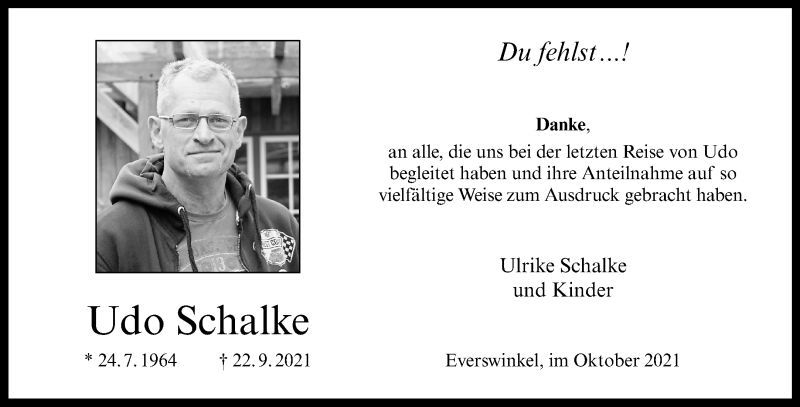  Traueranzeige für Udo Schalke vom 16.10.2021 aus 