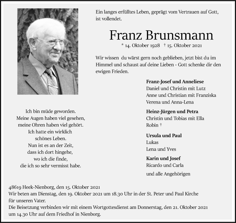  Traueranzeige für Franz Brunsmann vom 19.10.2021 aus 