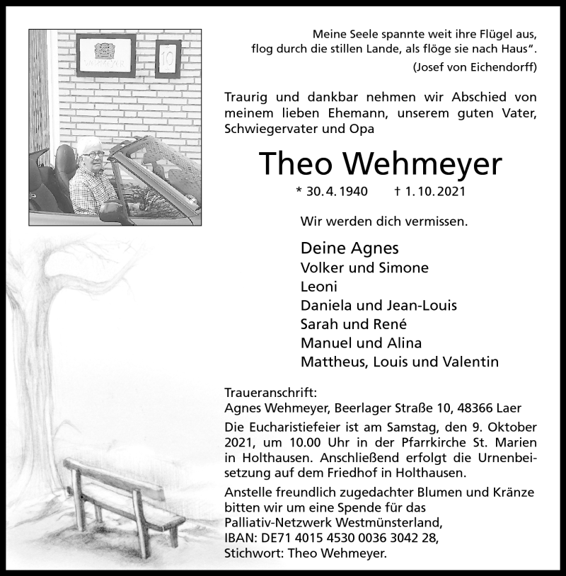  Traueranzeige für Theo Wehmeyer vom 06.10.2021 aus 