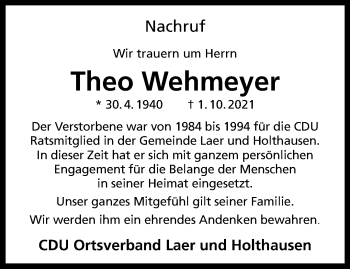 Anzeige von Theo Wehmeyer 