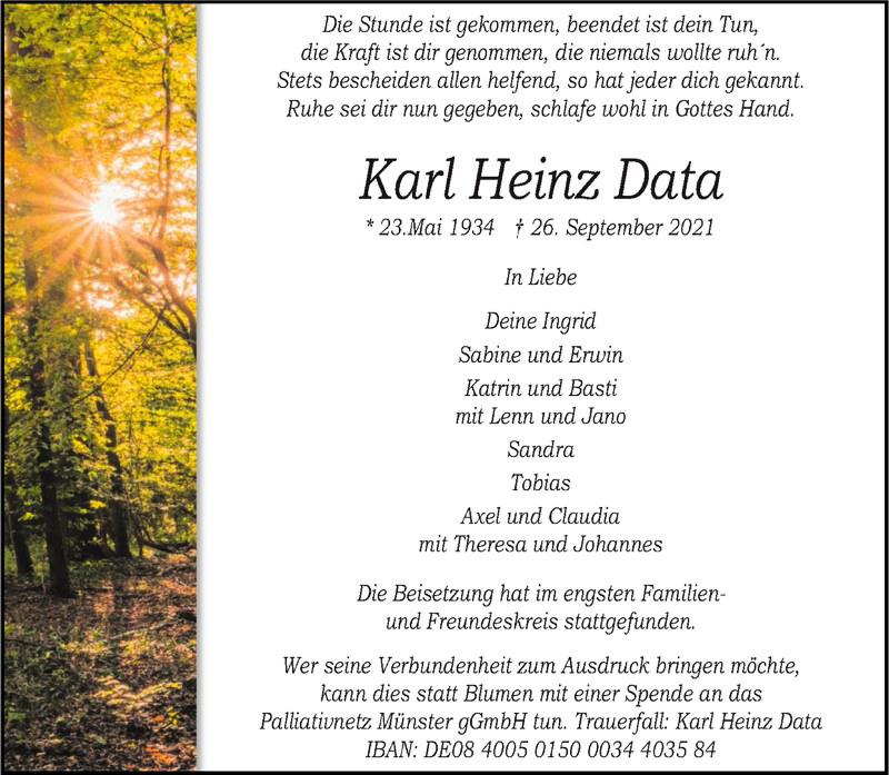  Traueranzeige für Karl Heinz Data vom 02.10.2021 aus 