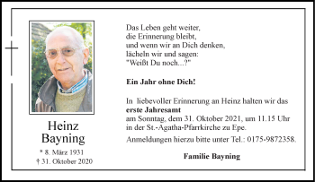 Anzeige von Heinz Bayning 