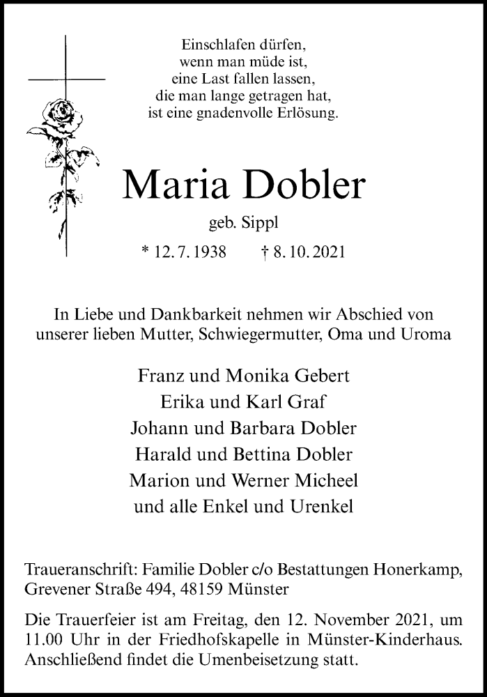  Traueranzeige für Maria Dobler vom 16.10.2021 aus 