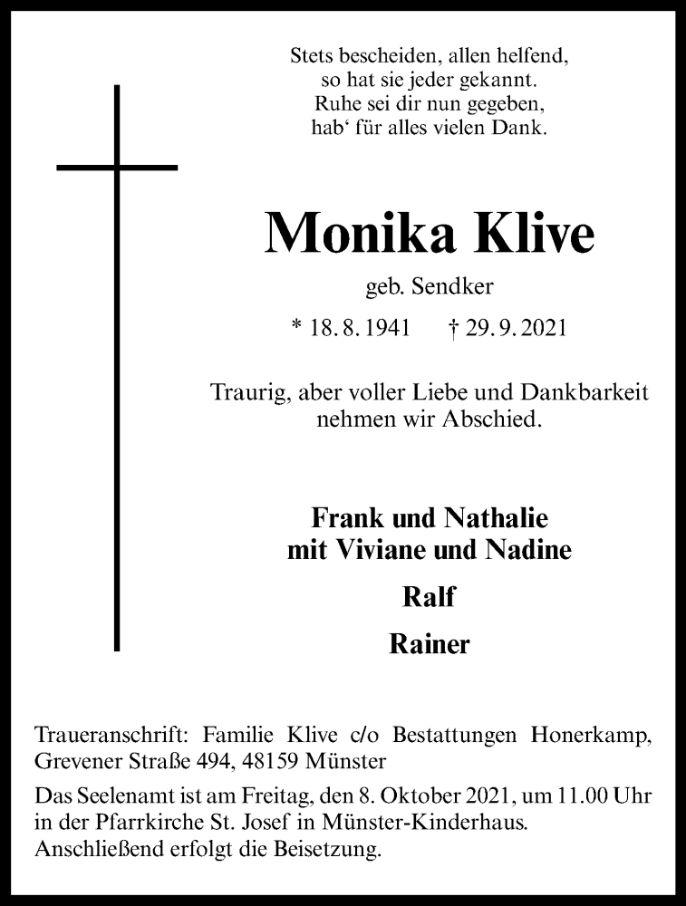  Traueranzeige für Monika Klive vom 02.10.2021 aus 