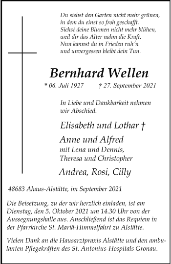 Anzeige von Bernhard Wellen 