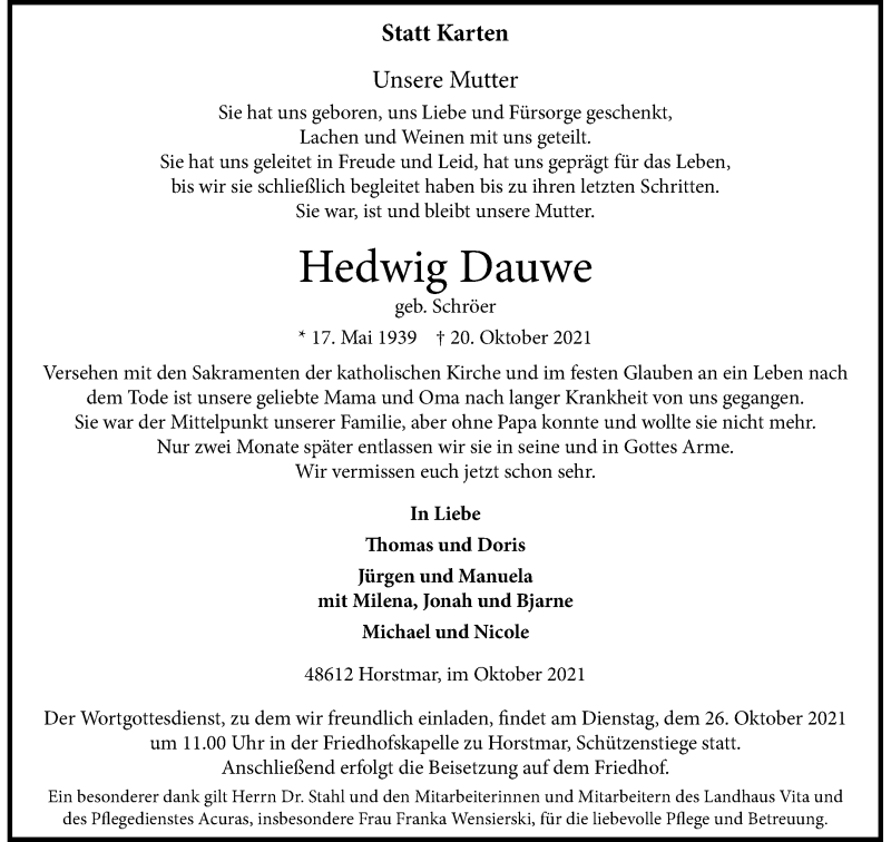 Traueranzeige für Hedwig Dauwe vom 23.10.2021 aus 