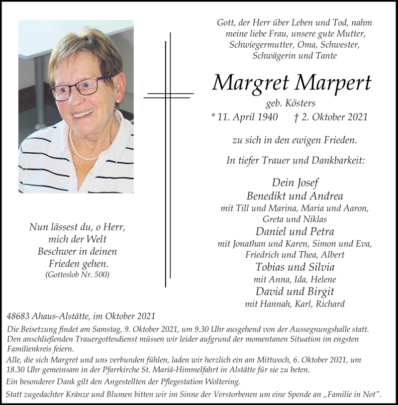  Traueranzeige für Margret Marpert vom 05.10.2021 aus 