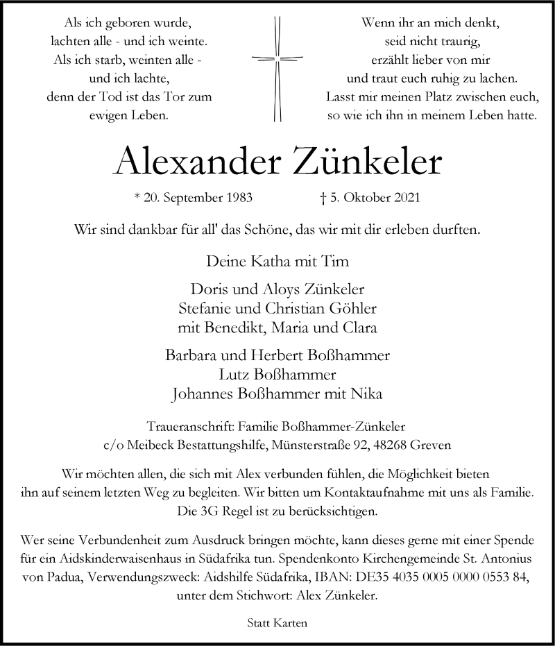  Traueranzeige für Alexander Zünkeler vom 09.10.2021 aus 