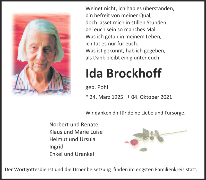  Traueranzeige für Ida Brockhoff vom 09.10.2021 aus 