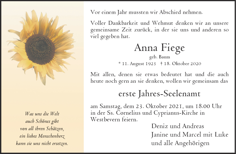  Traueranzeige für Anna Fiege vom 16.10.2021 aus 