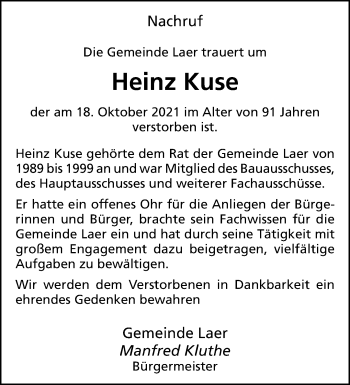 Anzeige von Heinz Kuse 