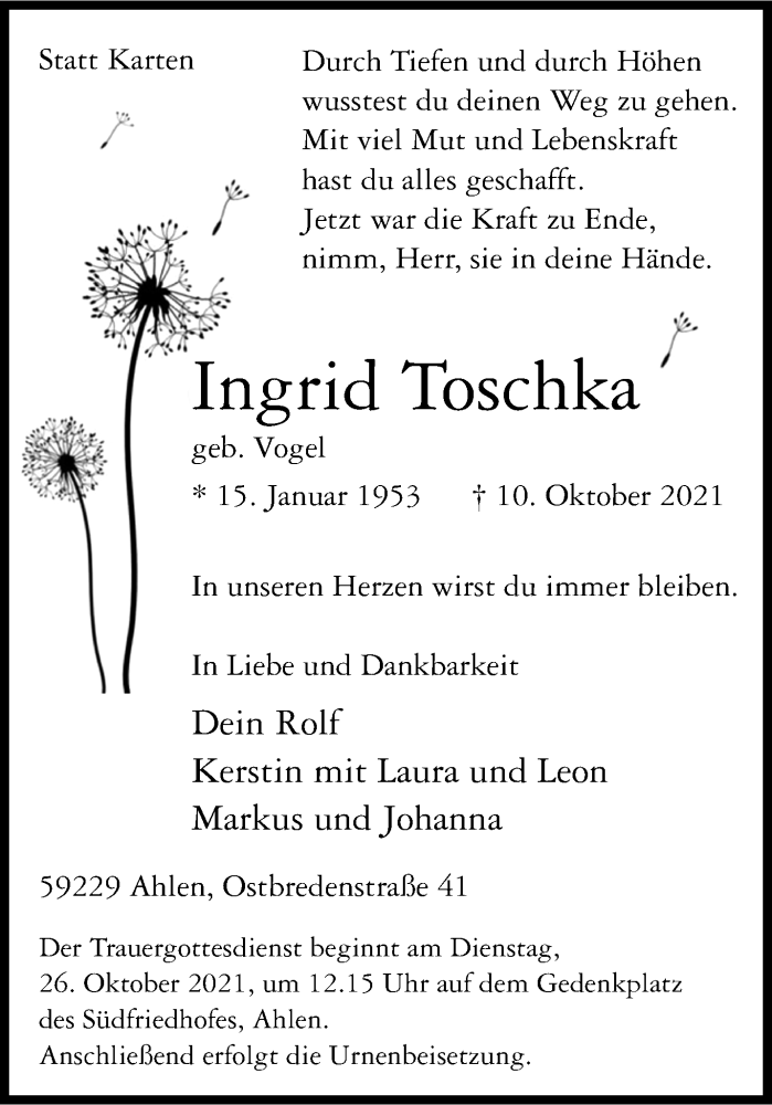  Traueranzeige für Ingrid Toschka vom 16.10.2021 aus 
