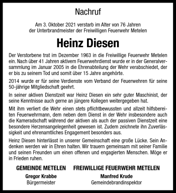 Anzeige von Heinz Diesen 