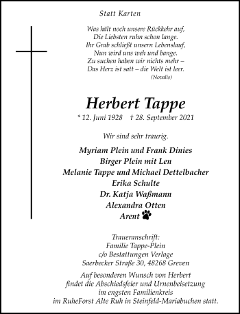 Anzeige von Herbert Tappe 