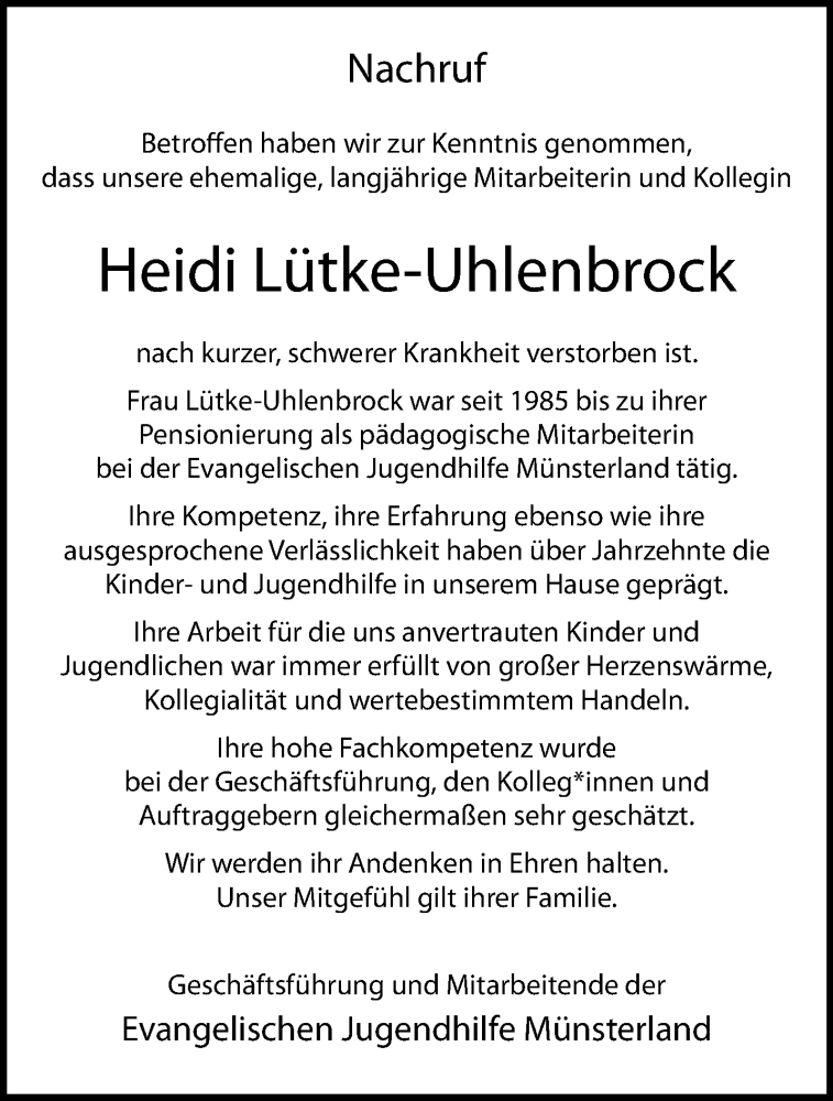  Traueranzeige für Heidi Lütke-Uhlenbrock vom 23.10.2021 aus 