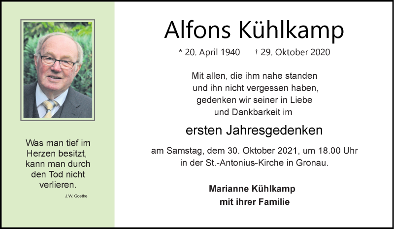  Traueranzeige für Alfons Kühlkamp vom 23.10.2021 aus 