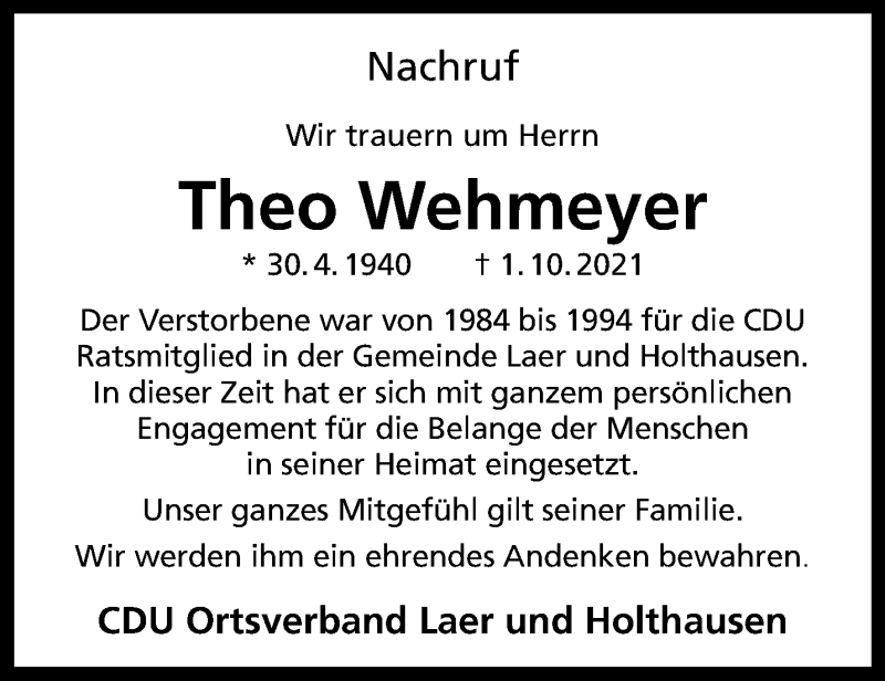  Traueranzeige für Theo Wehmeyer vom 09.10.2021 aus 