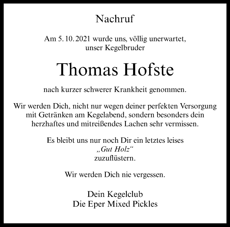  Traueranzeige für Thomas Hofste vom 27.10.2021 aus 