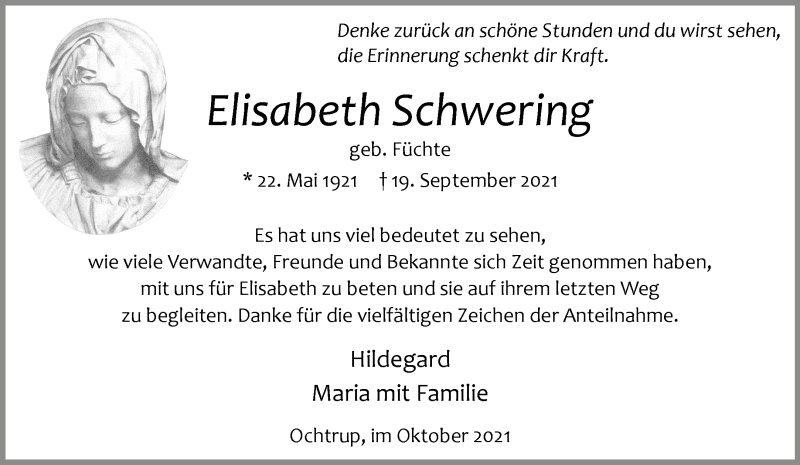  Traueranzeige für Elisabeth Schwering vom 27.10.2021 aus 