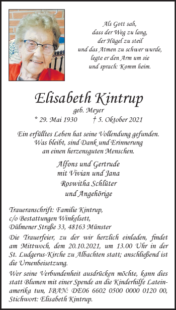 Anzeige von Elisabeth Kintrup 