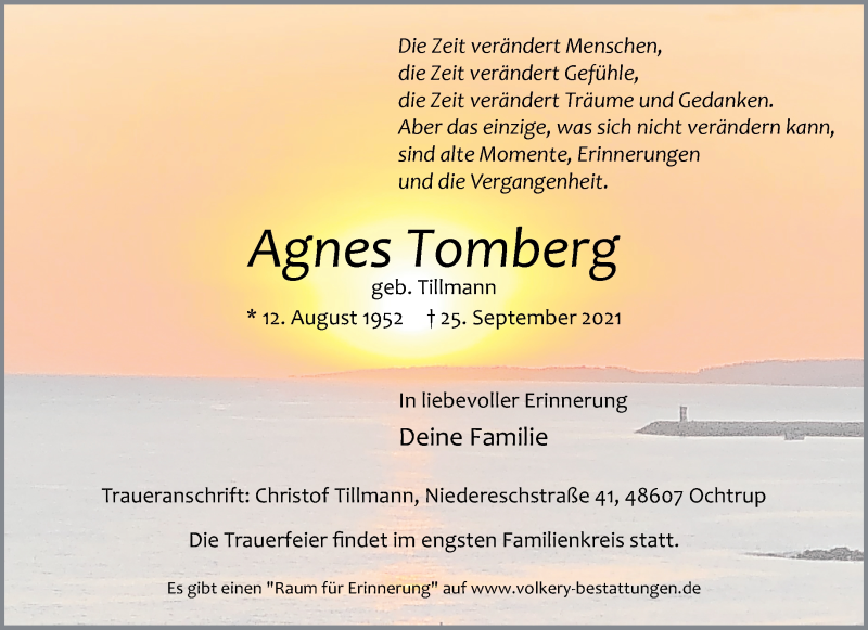  Traueranzeige für Agnes Tomberg vom 09.10.2021 aus 