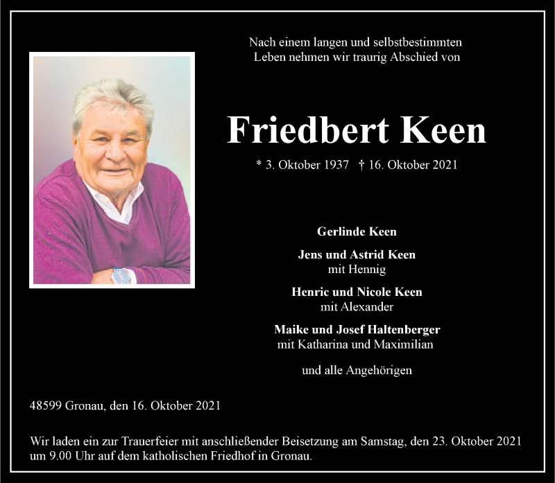  Traueranzeige für Friedbert Keen vom 20.10.2021 aus 