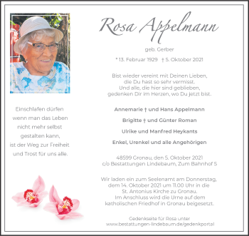 Anzeige von Rosa Appelmann 