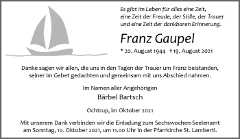 Anzeige von Franz Gaupel 