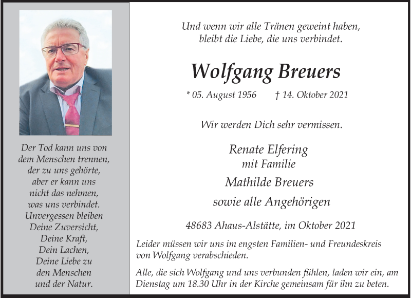  Traueranzeige für Wolfgang Breuers vom 16.10.2021 aus 