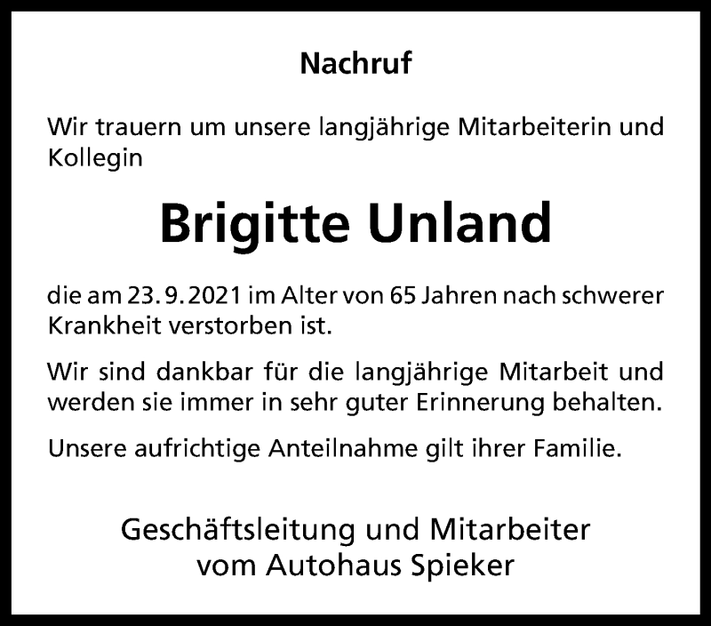  Traueranzeige für Brigitte Unland vom 16.10.2021 aus 