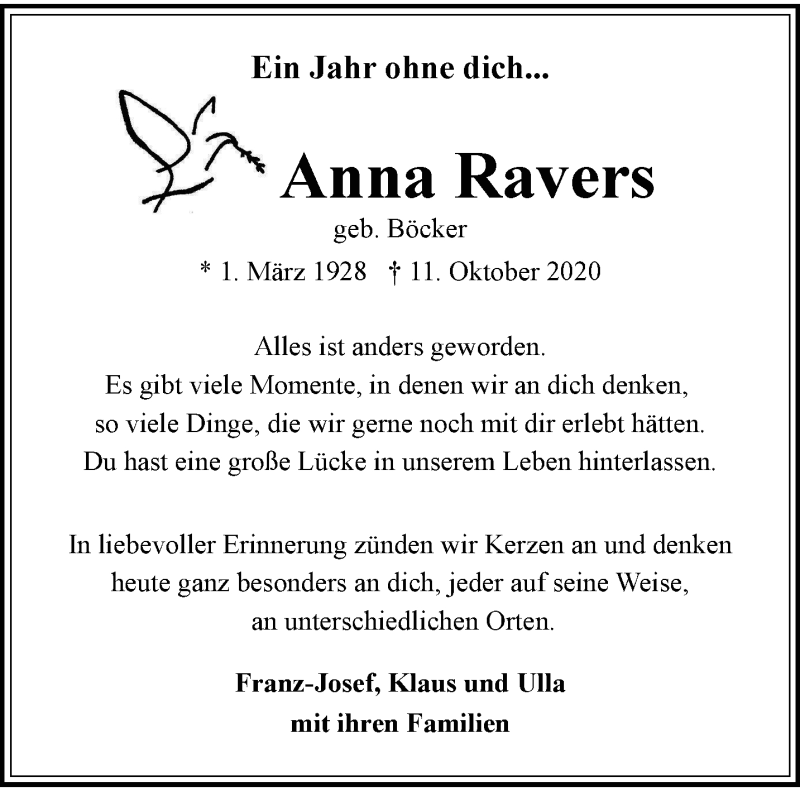  Traueranzeige für Anna Ravers vom 11.10.2021 aus 