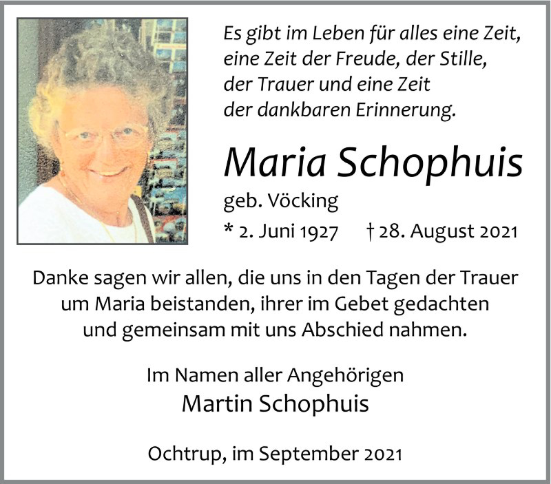  Traueranzeige für Maria Schophuis vom 29.09.2021 aus 