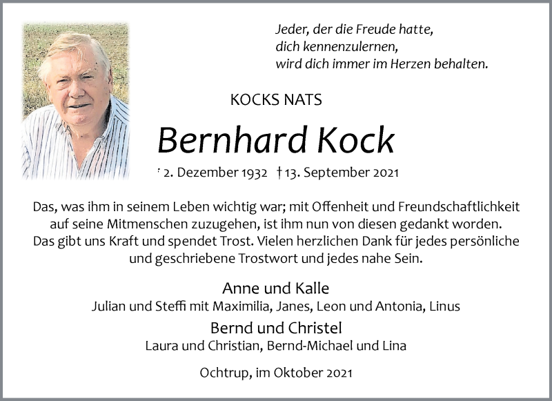  Traueranzeige für Bernhard Kock vom 27.10.2021 aus 
