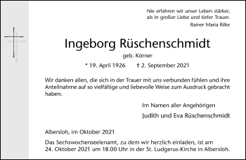 Anzeige von Ingeborg Rüschenschmidt 