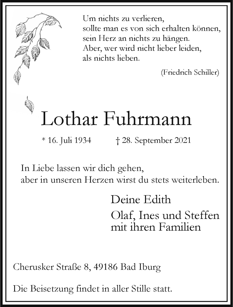  Traueranzeige für Lothar Fuhrmann vom 09.10.2021 aus 