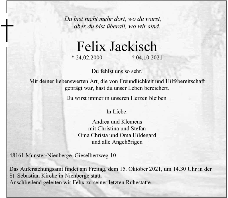  Traueranzeige für Felix Jackisch vom 13.10.2021 aus 