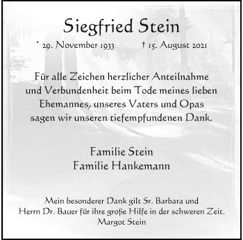 Anzeige von Siegfried Stein 